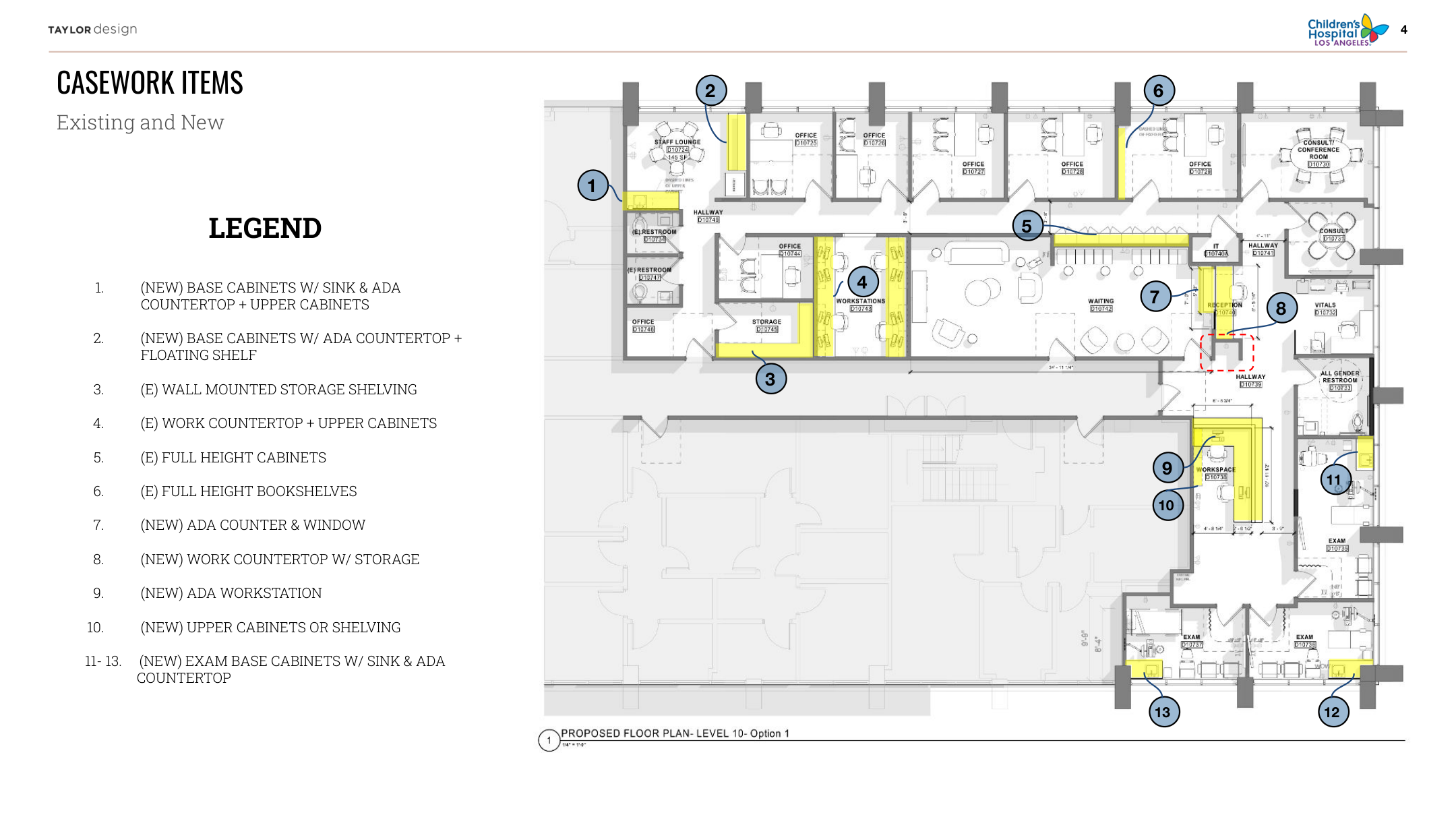 CHLA Fetal Diagnostic Clinic — casework items plan with numbered legend showing 13 new and existing cabinet, counter, and shelving elements highlighted in yellow on the proposed floor plan