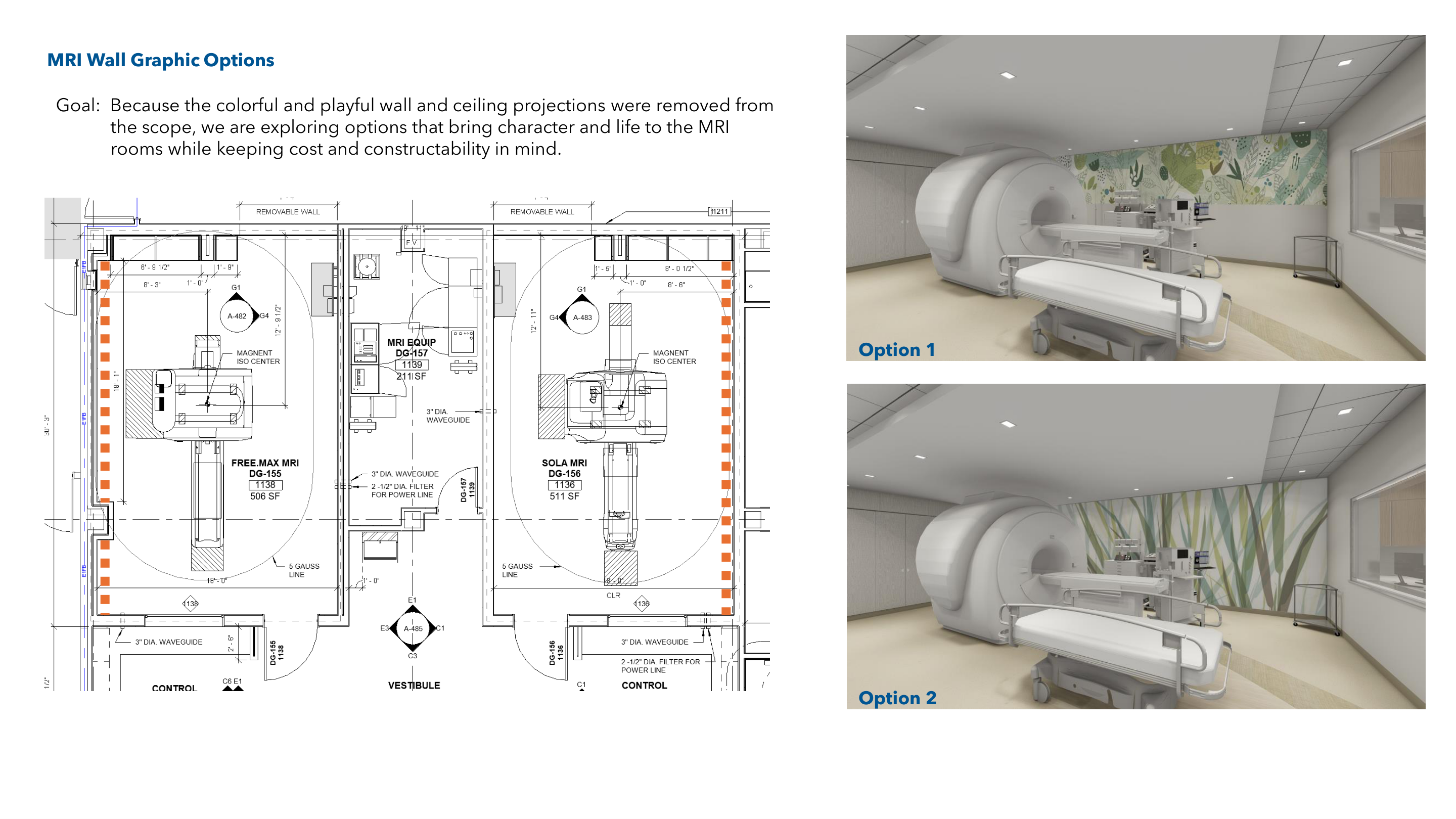 MRI Wall Graphic Options — floor plan showing Free.Max MRI and Sola MRI rooms with 5 Gauss lines, paired with two 3D render options showing botanical leaf wall graphics in the MRI scan room