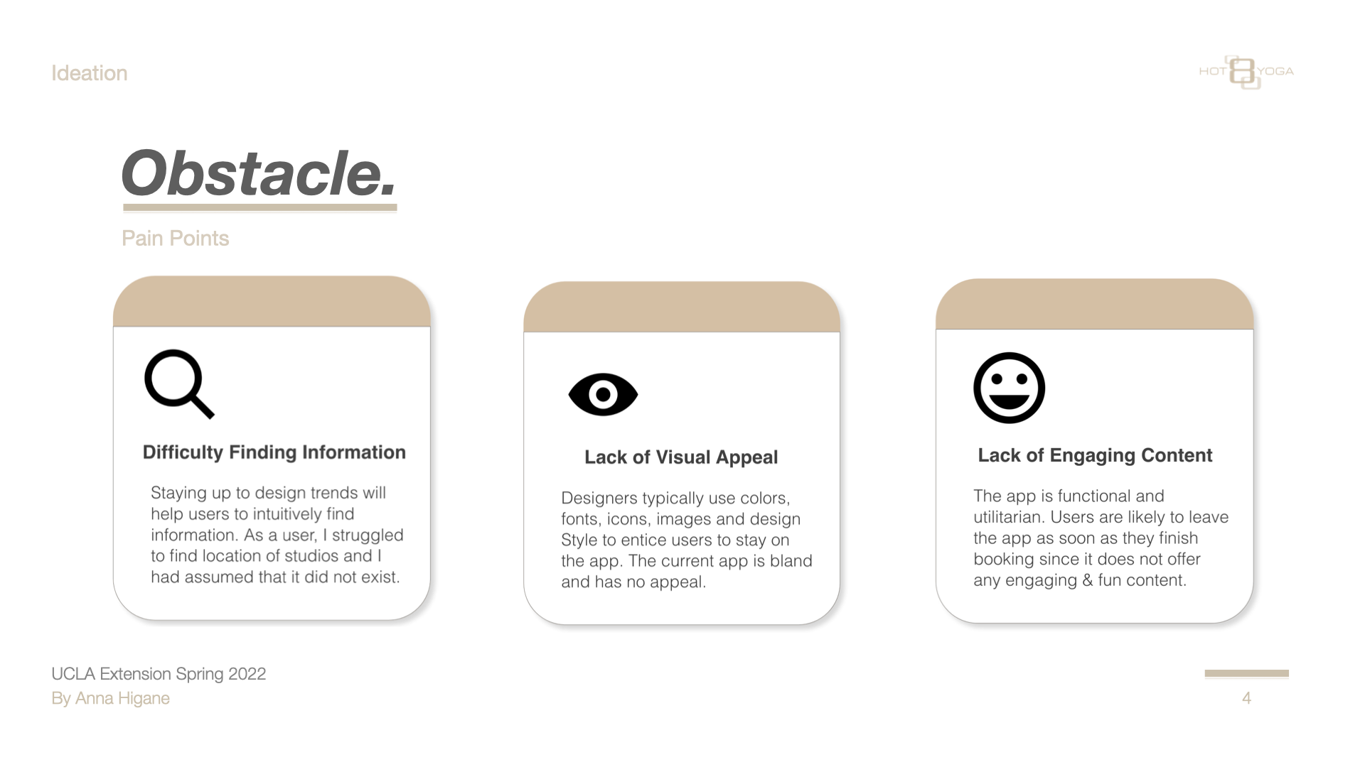 Obstacle slide: three pain point cards — Difficulty Finding Information, Lack of Visual Appeal, Lack of Engaging Content — each with icon and description