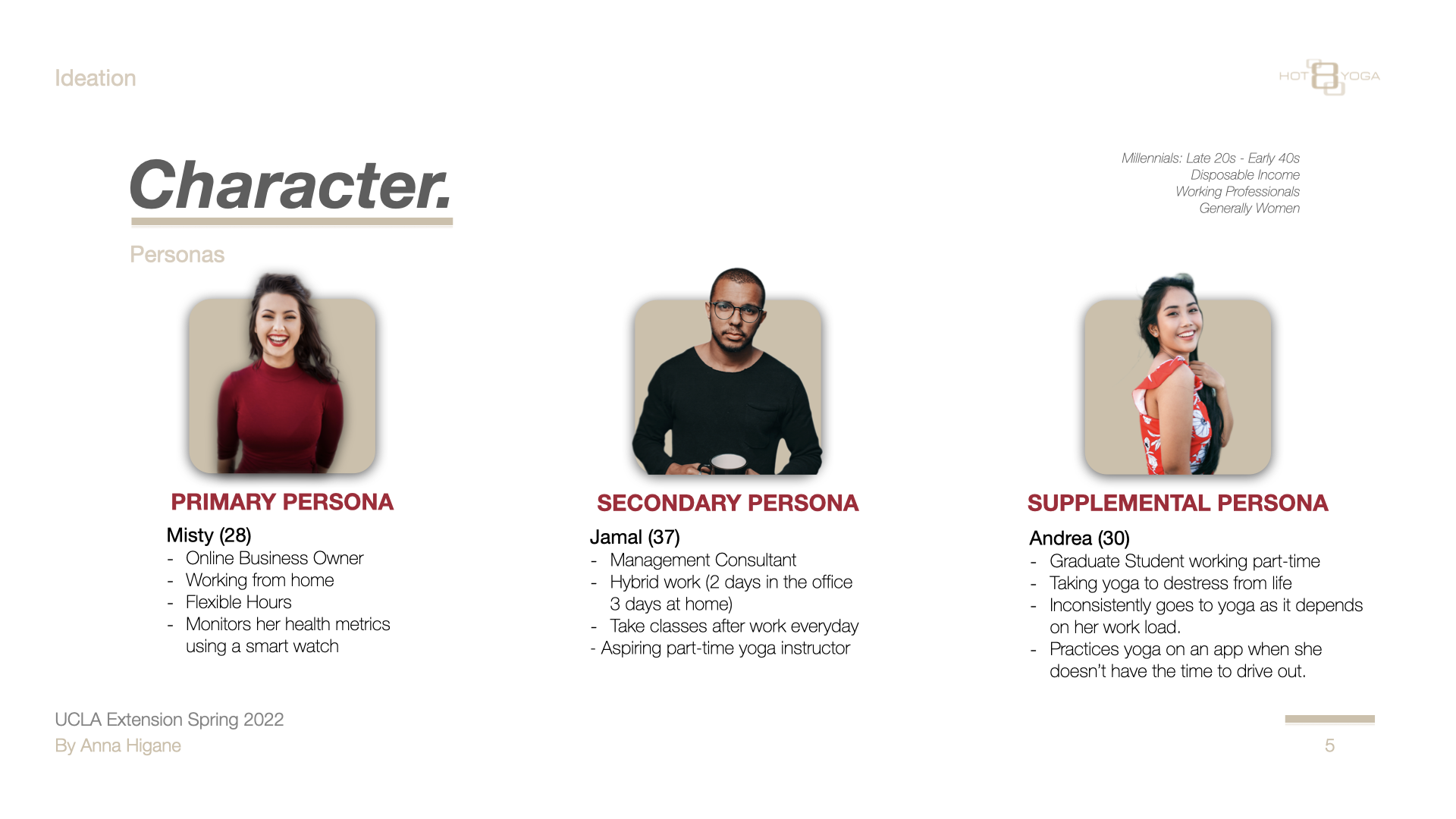 All three personas — Misty (Primary), Jamal (Secondary), Andrea (Supplemental). Target audience: Millennials, late 20s–early 40s, disposable income, generally women.