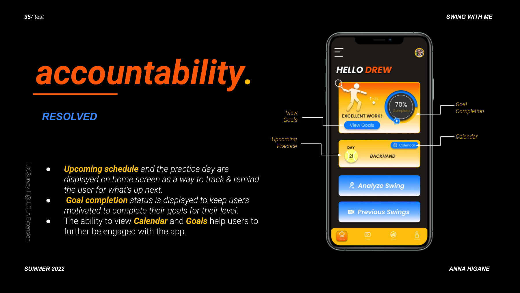 YOU vs PRO with real photography — user's tennis form compared to Djokovic with visual cues, verbal cues, form feedback annotations, and Follow Through pro tip screen with detailed coaching text