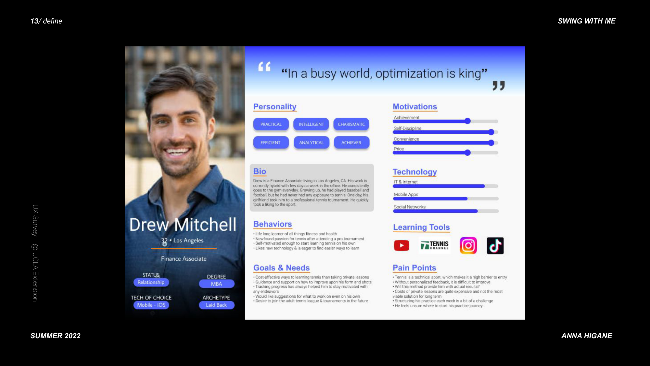 Drew, 32 — tech-savvy intermediate player, motivation: improve technique without expensive coaching, frustration: no feedback loop