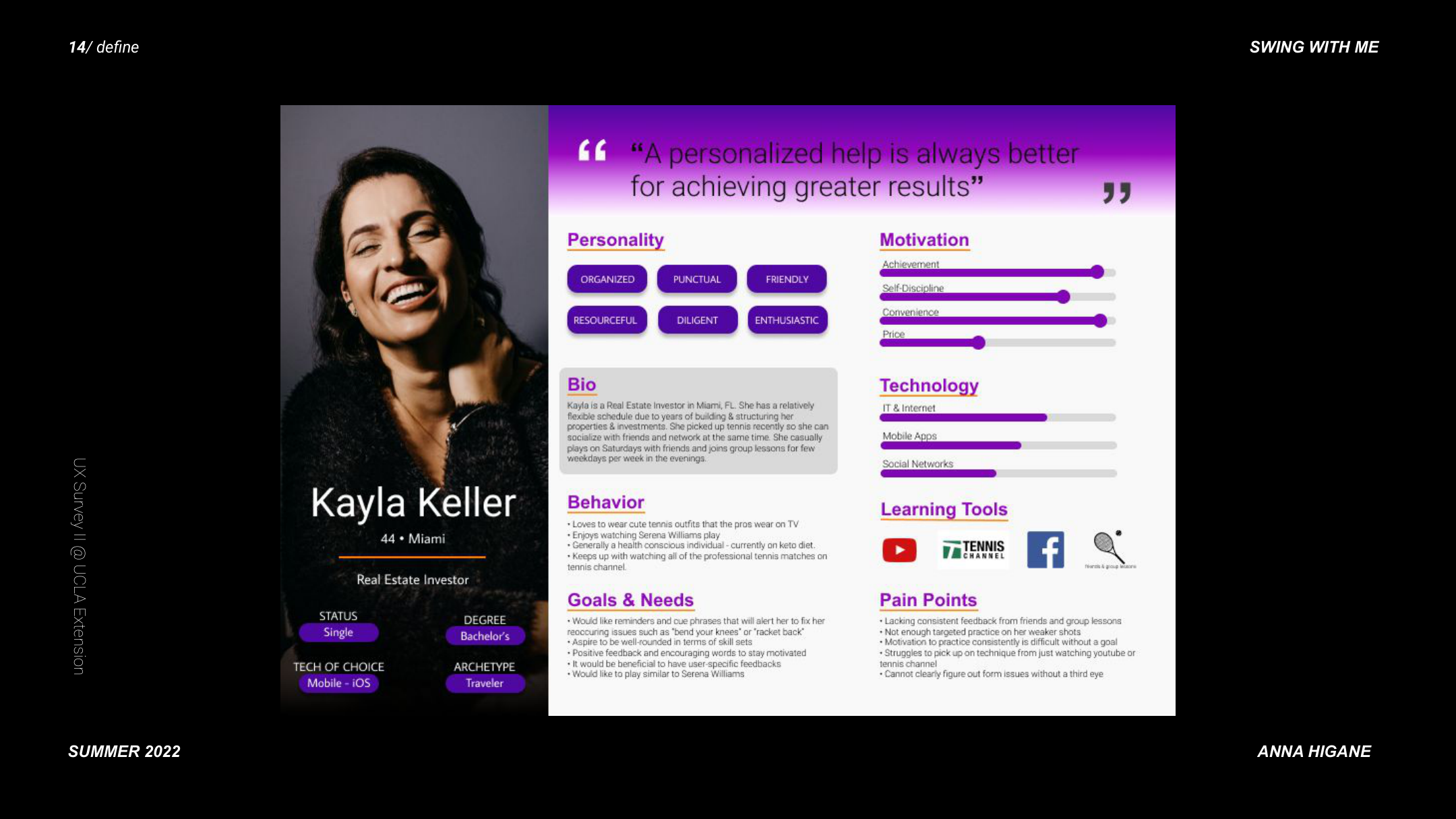 Kayla Keller, 44 — fitness-motivated recreational player, motivation: stay consistent and track progress, frustration: no accountability system