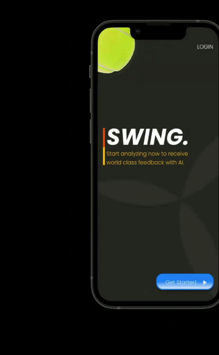 SWING. hi-fi onboarding splash — dark theme with tennis ball and blue Get Started CTA